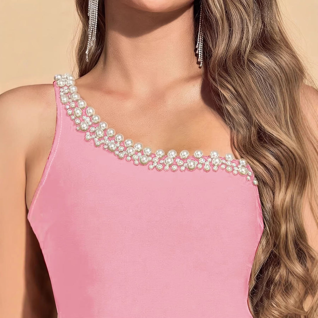 Stunning women's bodycon midi dress with a unique one-shoulder design and delicate pearl embellishments. Evening wear.