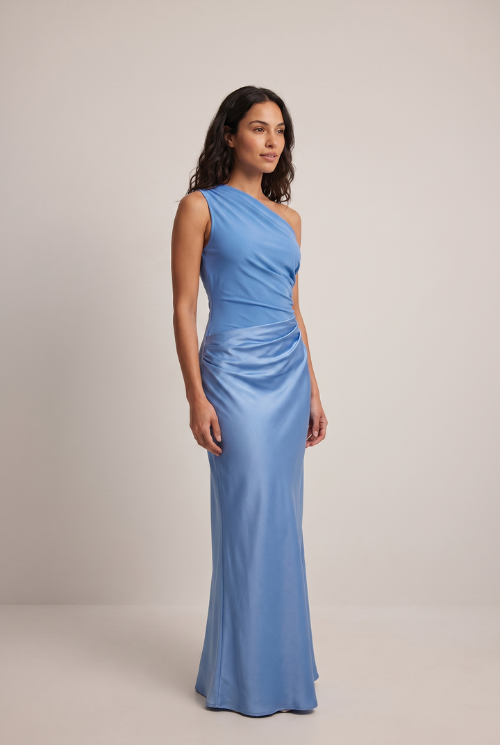 Sophisticated women's one-shoulder evening gown with elegant draping. Ideal party or formal occasion maxi dress.