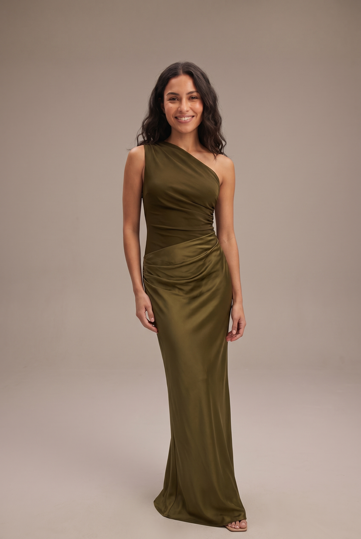 Stylish women's draped maxi dress featuring a chic one-shoulder design. Perfect elegant evening & special occasion wear.