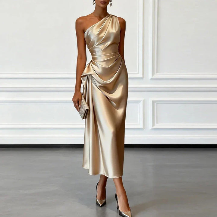 Elegant women's one-shoulder draped ruched midi dress, perfect for formal evening wear & special occasions.