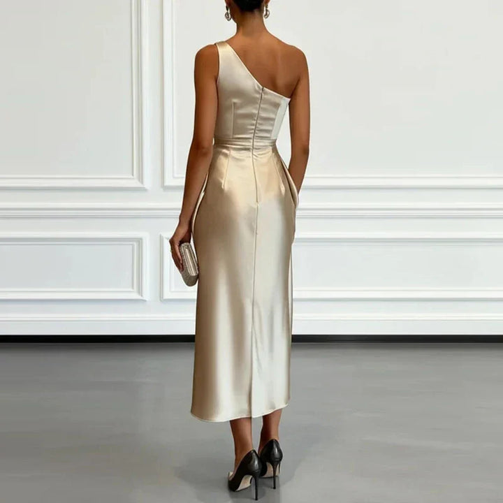 Chic women's one-shoulder ruched midi dress, ideal for cocktail parties, formal events & evening wear.