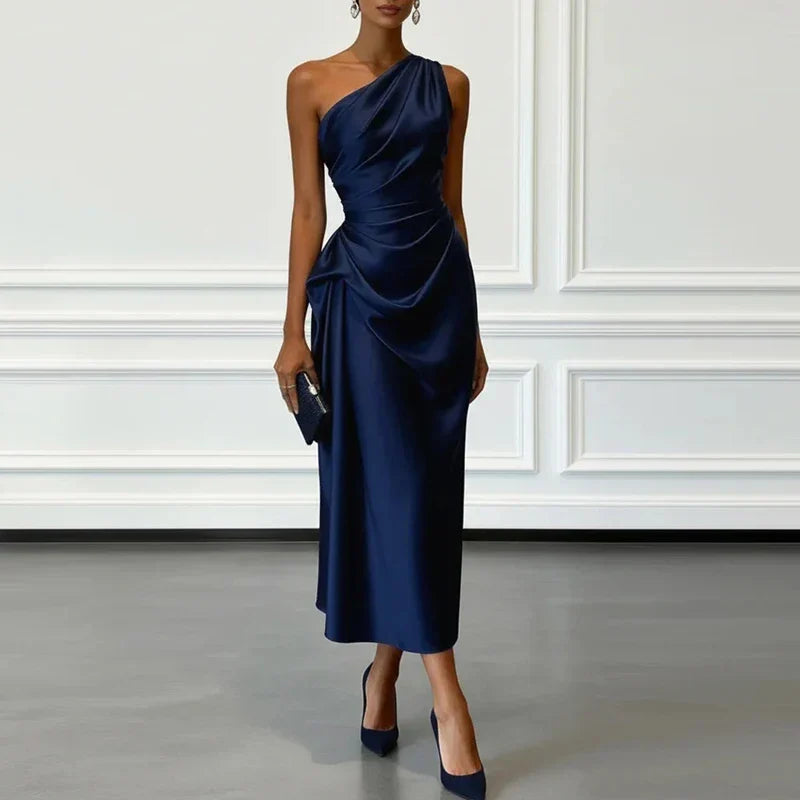 Stunning women's formal one-shoulder midi dress with elegant draping & ruching, perfect for special occasions.