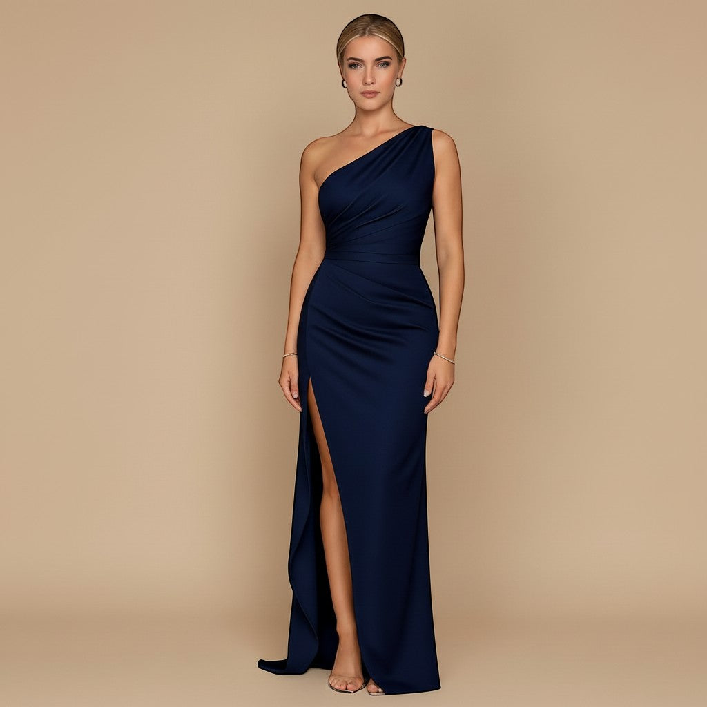 Formal women's maxi dress: sophisticated one shoulder design, draped silhouette & daring high slit for evening wear.
