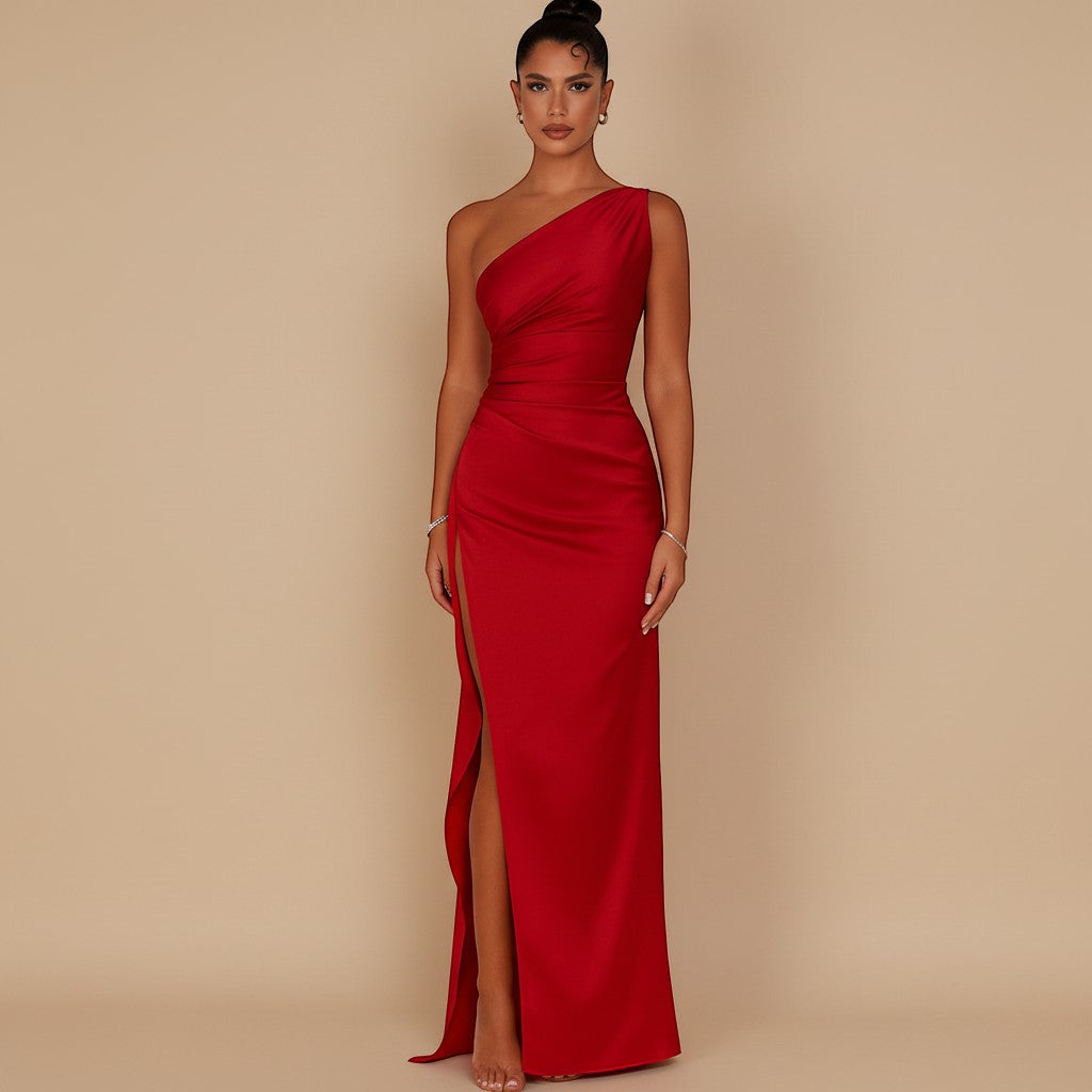 Luxurious women's one shoulder evening gown with graceful draping & a captivating high slit, ideal for galas.