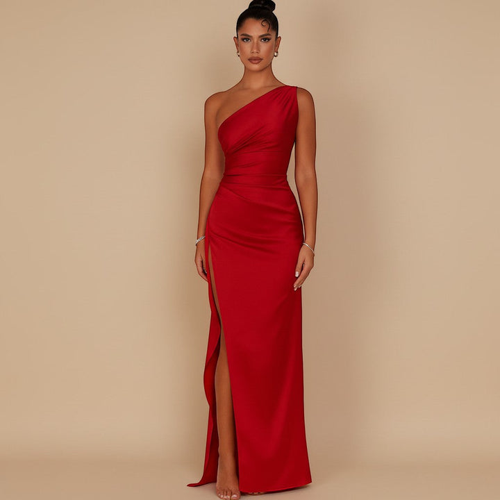 Luxurious women's one shoulder evening gown with graceful draping & a captivating high slit, ideal for galas.