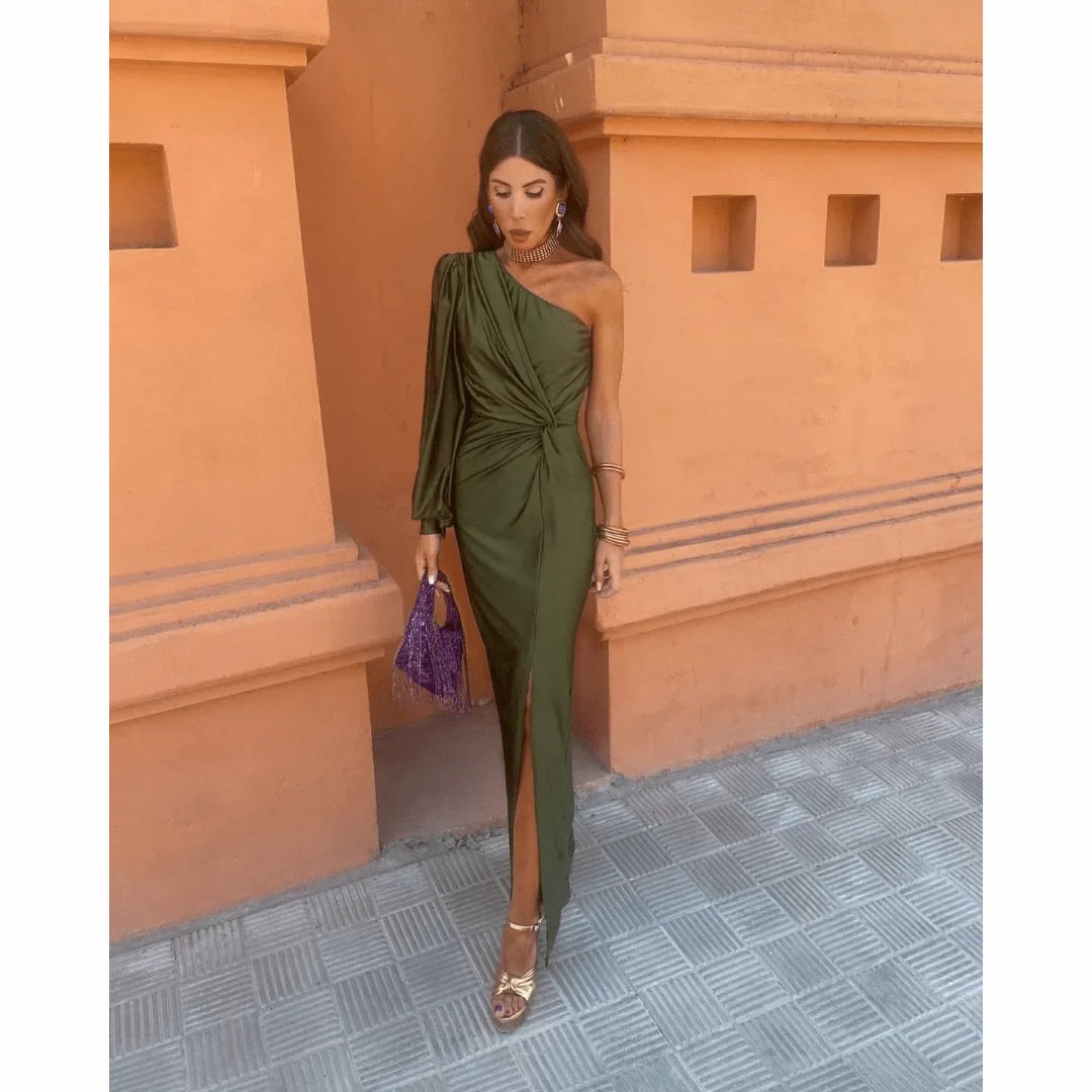 Elegant women's one-shoulder evening maxi dress with a stylish front slit, perfect for formal events.