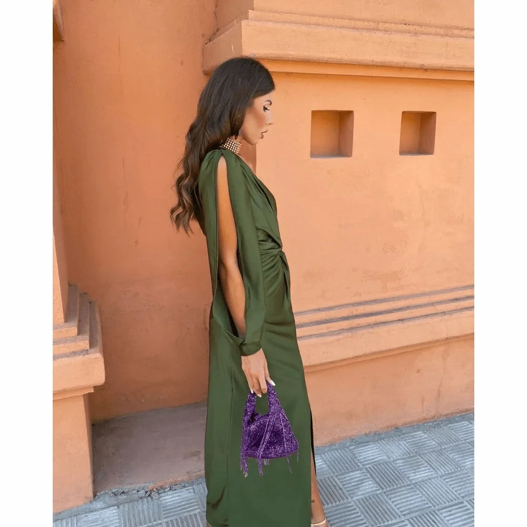 Chic women's one-shoulder evening gown, a long maxi dress with a striking front slit for elegant formal wear.