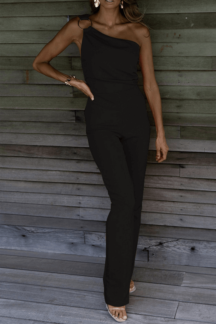 Stylish women's one-shoulder jumpsuit, a chic one-piece for versatile casual wear & evening parties.