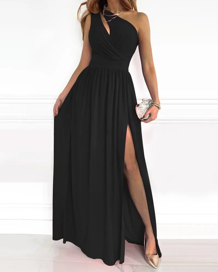 Elegant women's one-shoulder maxi dress, perfect for wedding guests & formal special occasions. Long, flowing design.