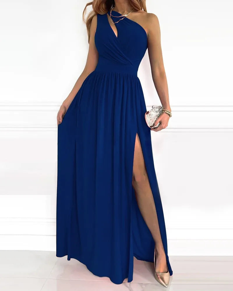 Graceful women's asymmetrical one-shoulder maxi dress. A stylish long party dress for special occasions & formal events.