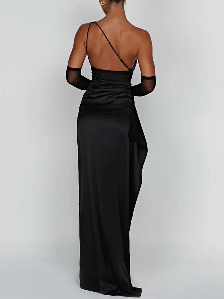 Beautiful women's one-shoulder formal dress with a high slit, a sophisticated choice for occasions.