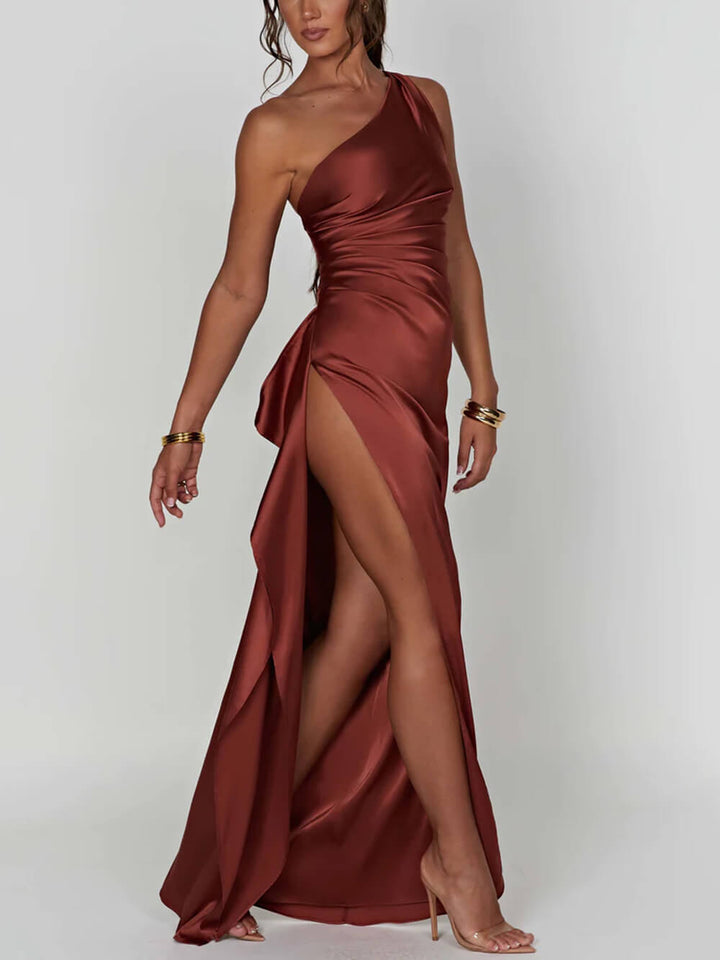 Chic women's one-shoulder evening dress with high slit, ideal for parties & special occasions.
