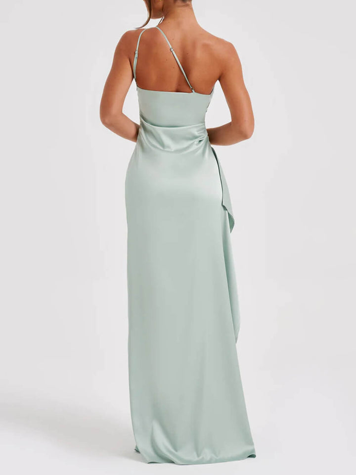 Trendy women's formal one-shoulder maxi dress with a high slit, for elegant occasions.