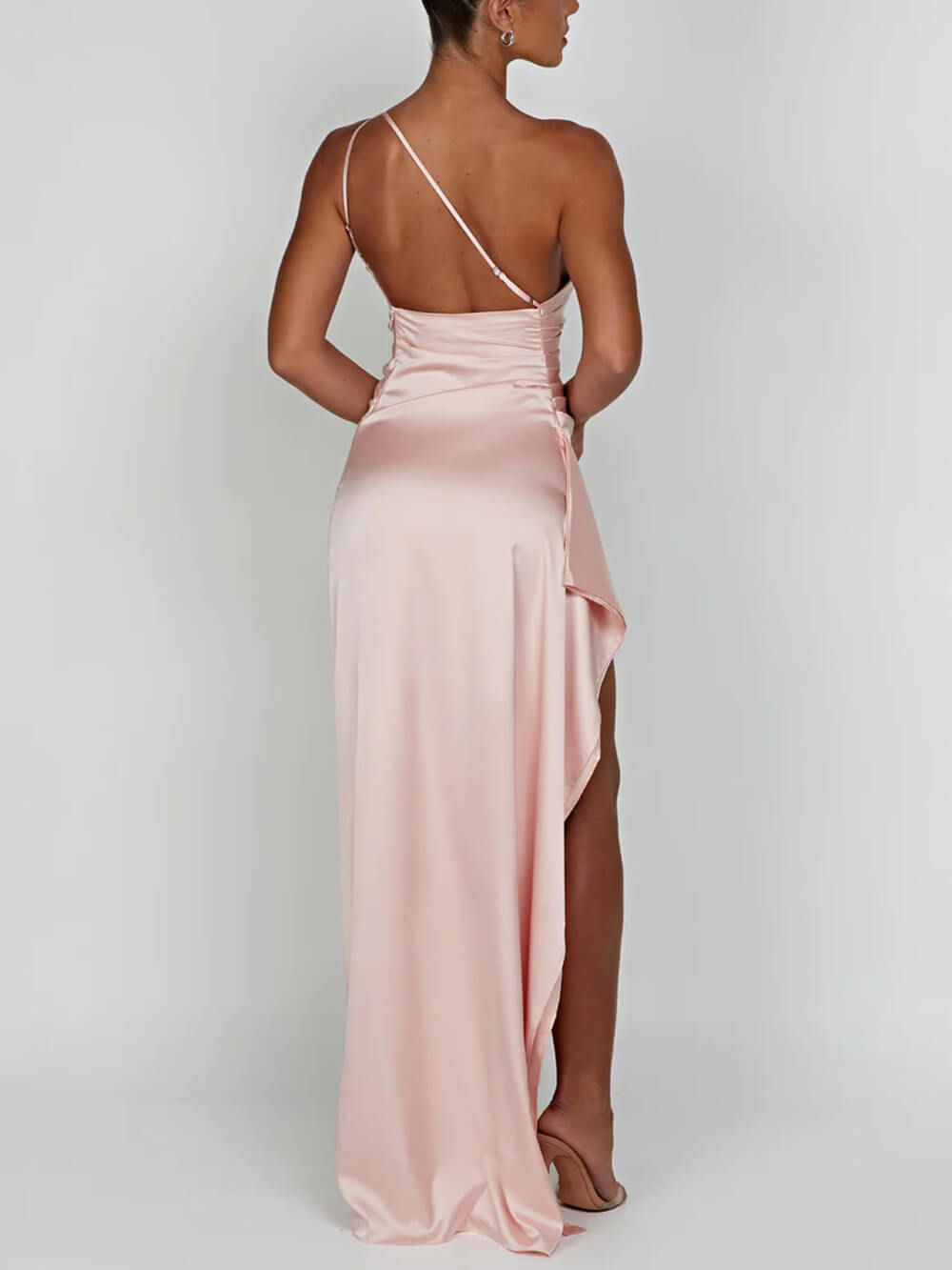 Women's elegant one-shoulder cocktail dress with a graceful high slit, ideal for parties.