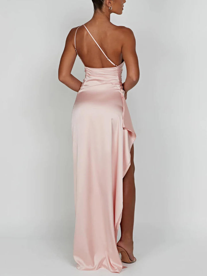 Women's elegant one-shoulder cocktail dress with a graceful high slit, ideal for parties.