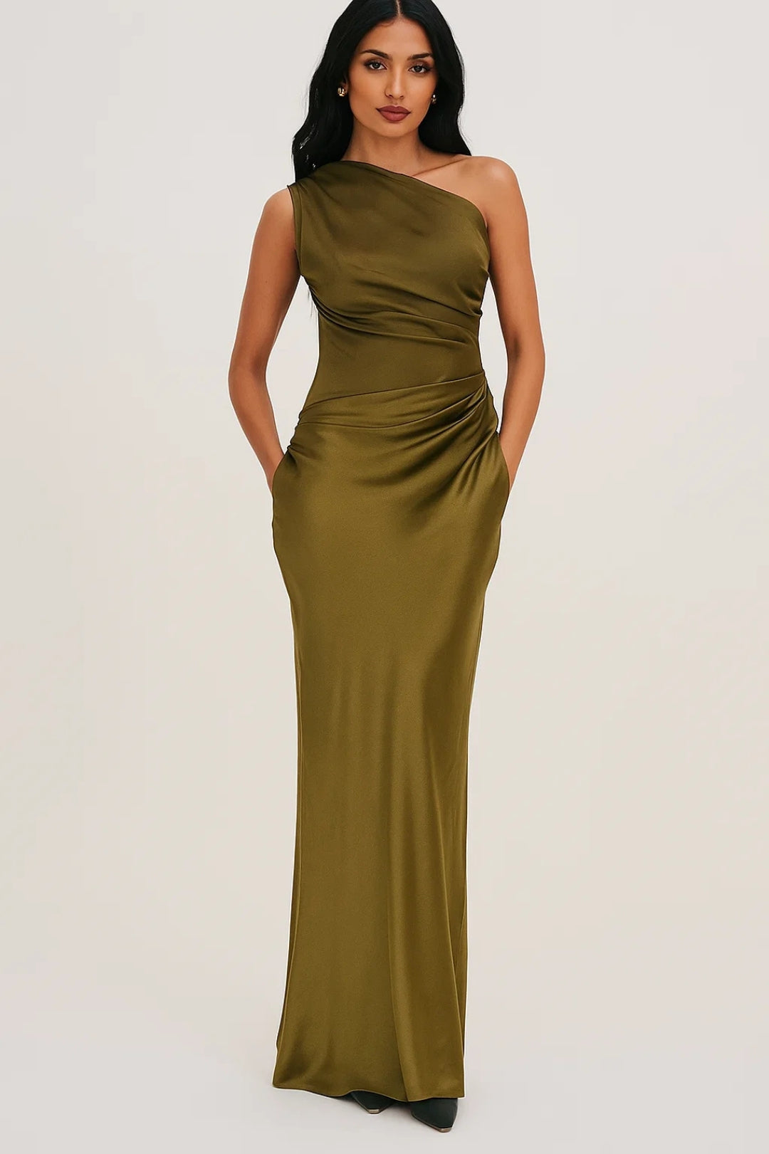 Stunning women's evening gown, one-shoulder design with an elegant pleated waist, ideal for parties & formal events.