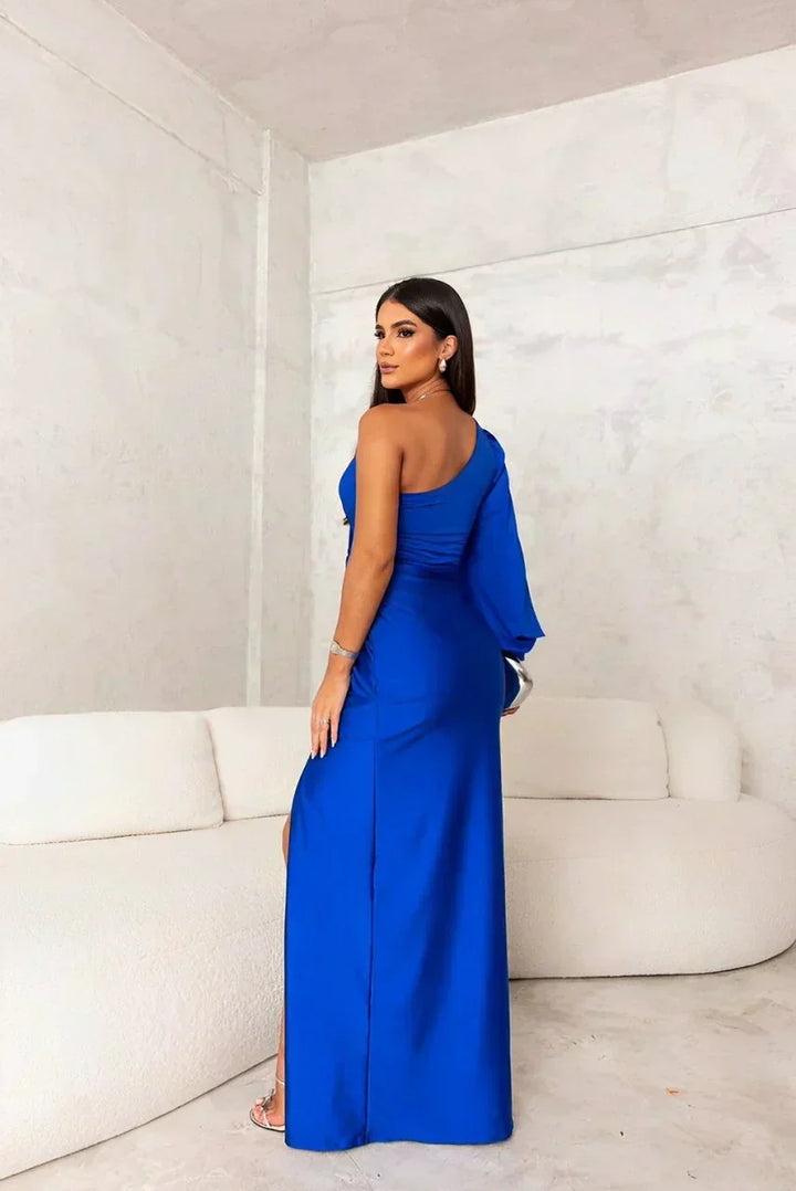Women's elegant one-shoulder maxi dress with a side slit, perfect for upscale formal occasions.