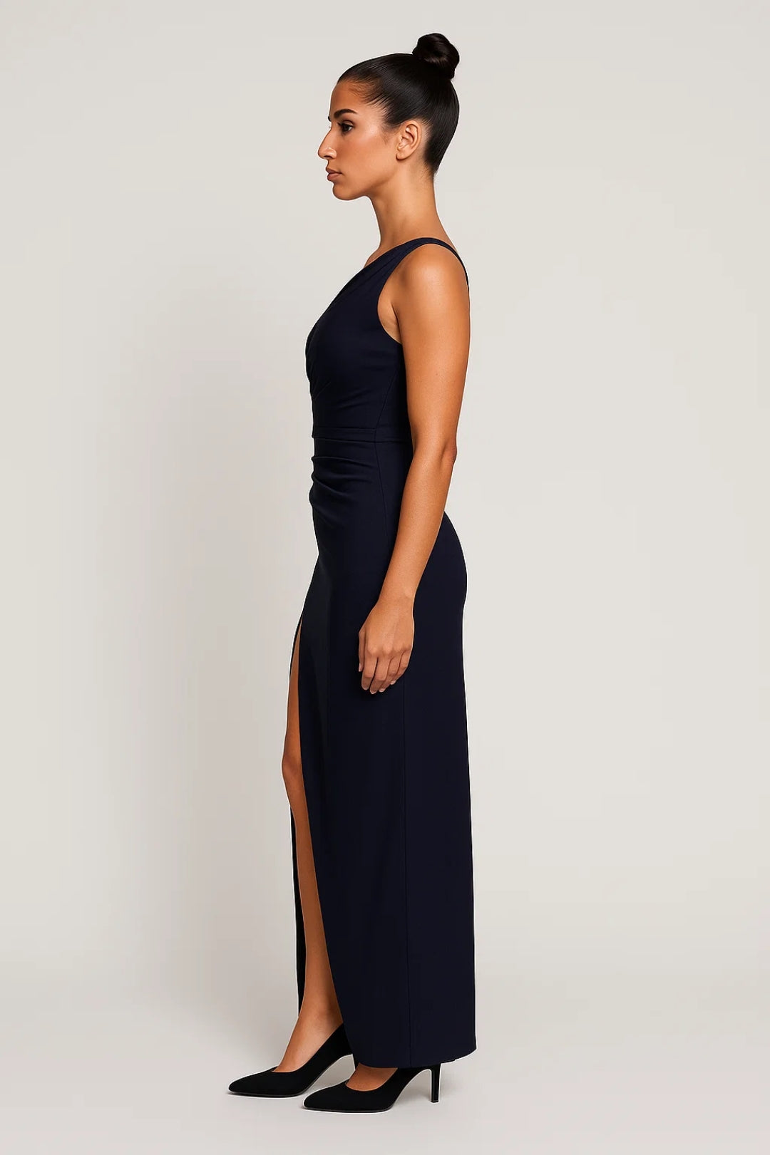 Dark blue one-shoulder maxi dress for women, stylish high split. Ideal for formal parties, evening wear & weddings.