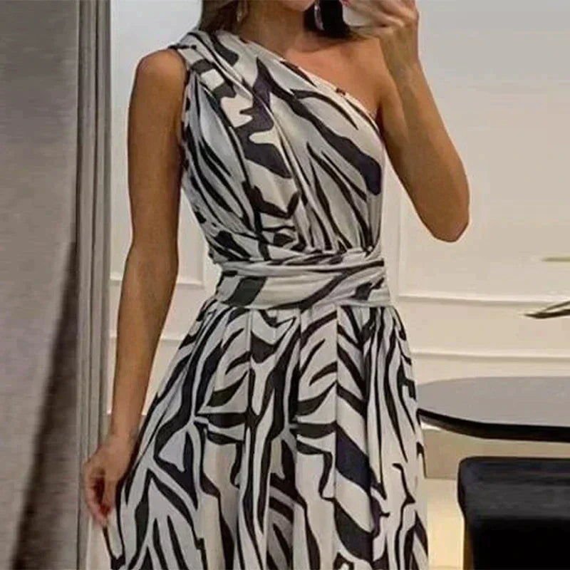 Stylish women's one-shoulder printed maxi dress with a sophisticated zebra pattern, great for parties.