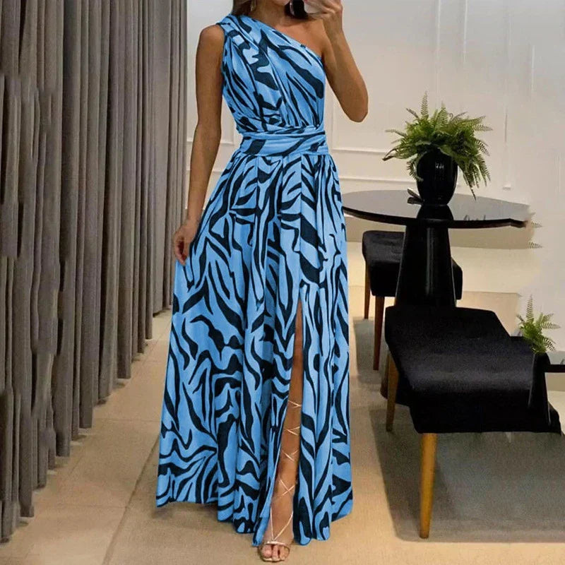 Chic women's one-shoulder zebra print evening dress, an elegant choice for vacations & special events.