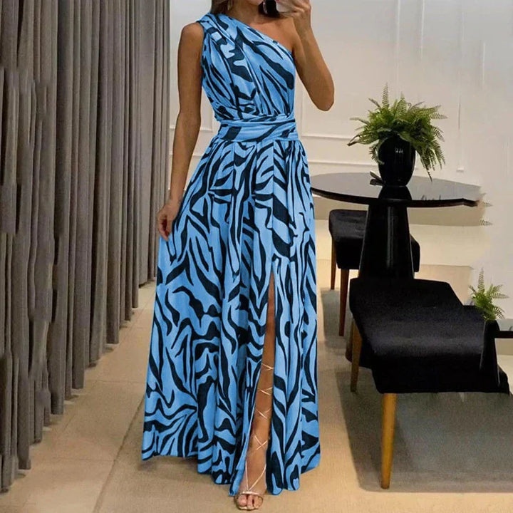 Chic women's one-shoulder zebra print evening dress, an elegant choice for vacations & special events.