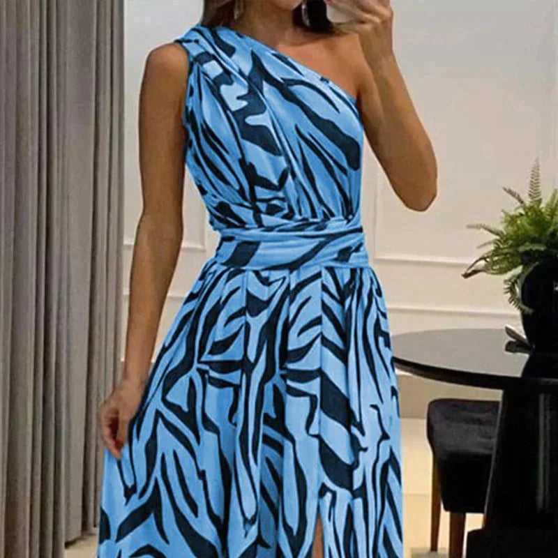 Women's one-shoulder maxi dress, a long printed gown with a unique zebra design, suitable for parties.