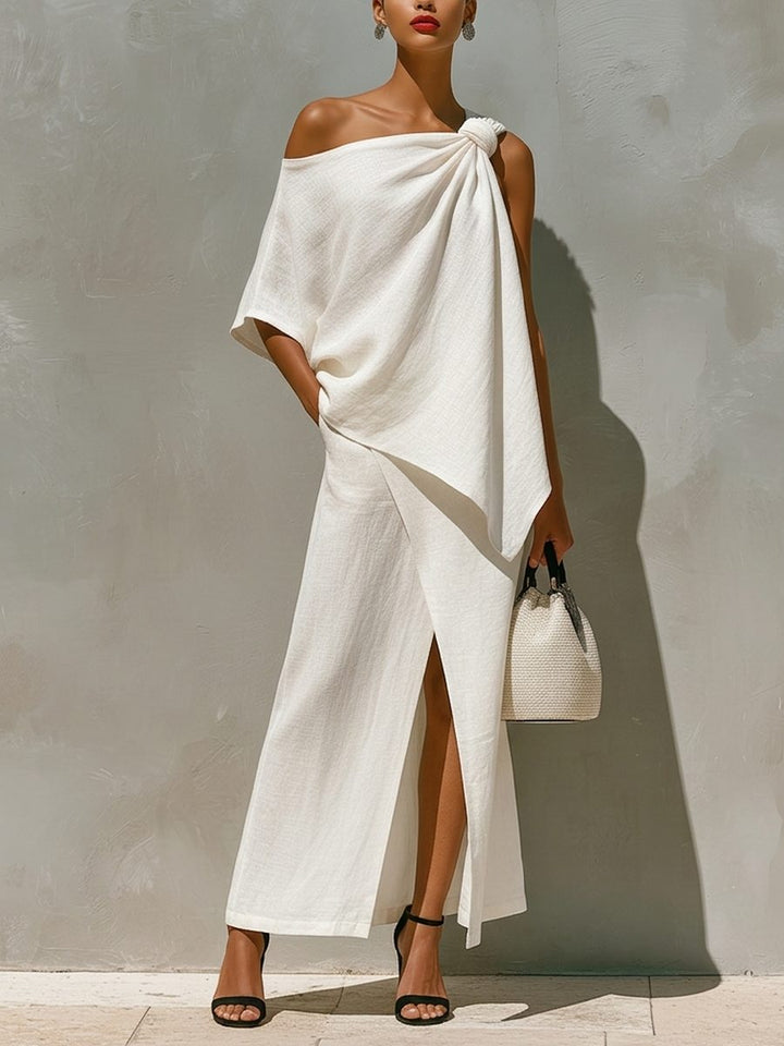 Elegant women's one-shoulder maxi skirt set with stylish front split. Perfect for summer events & resort wear.