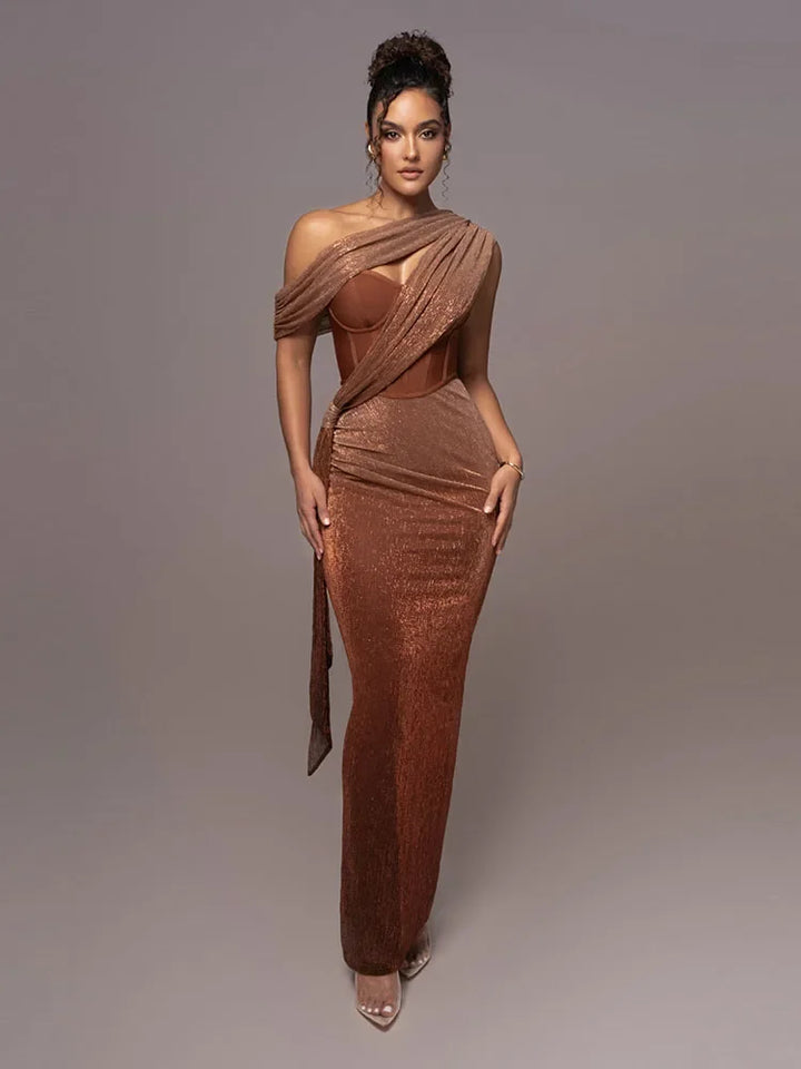Elegant women's one-shoulder maxi statement dress. Perfect for evening, formal events, and parties.