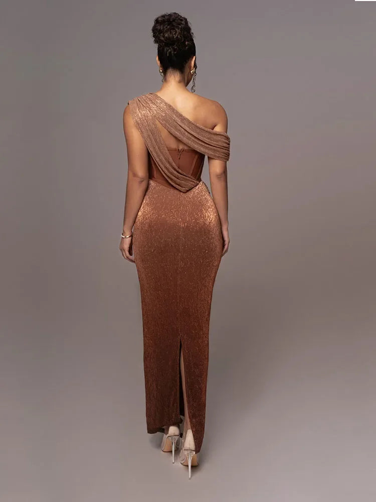 Stylish brown one-shoulder maxi dress, ideal for special occasion or formal evening party.
