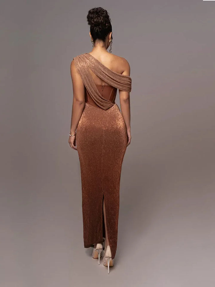 Stylish brown one-shoulder maxi dress, ideal for special occasion or formal evening party.