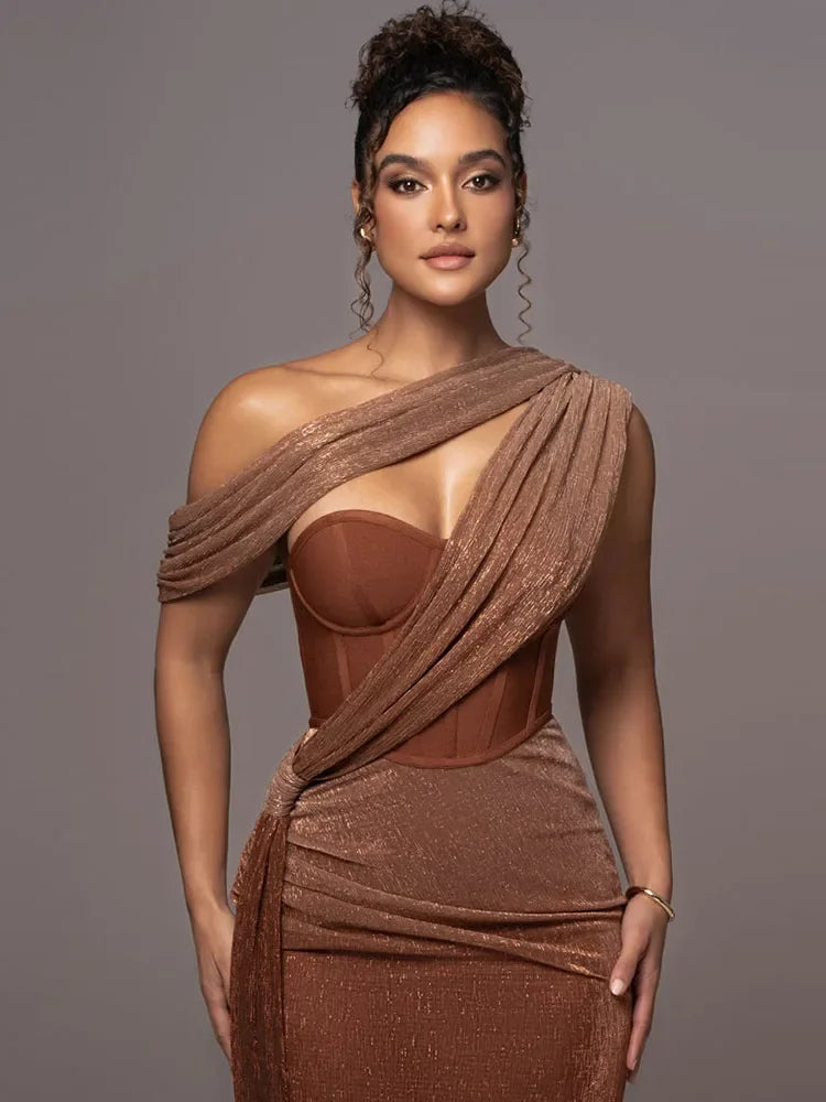 Chic bodycon one-shoulder maxi dress for women, an elegant statement piece for any event.