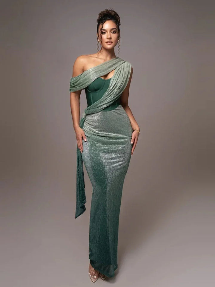 Sophisticated green one-shoulder maxi dress, a formal evening gown for women's special occasions.