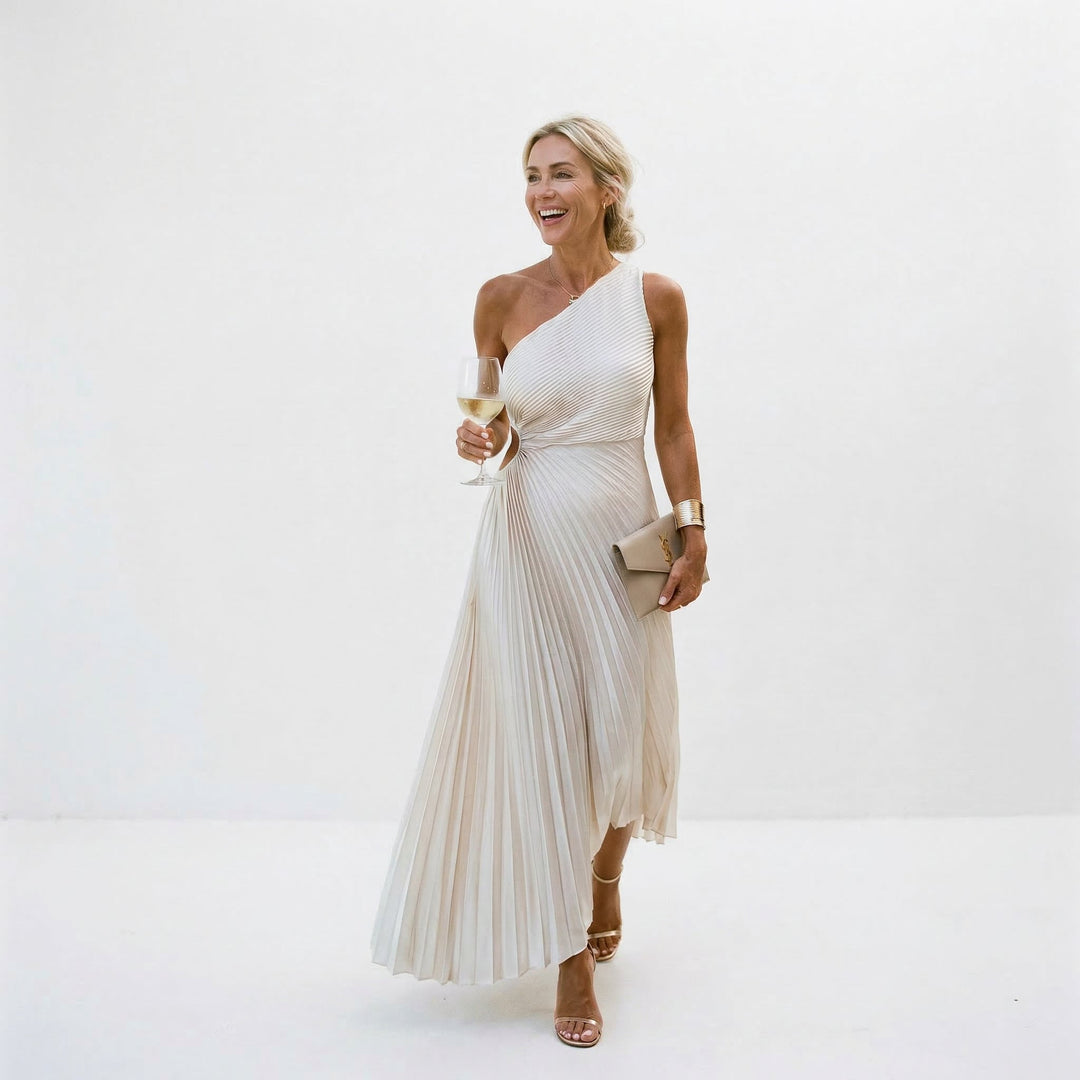 Elegant women's one-shoulder midi dress, perfect for wedding guests, formal events & special occasions.