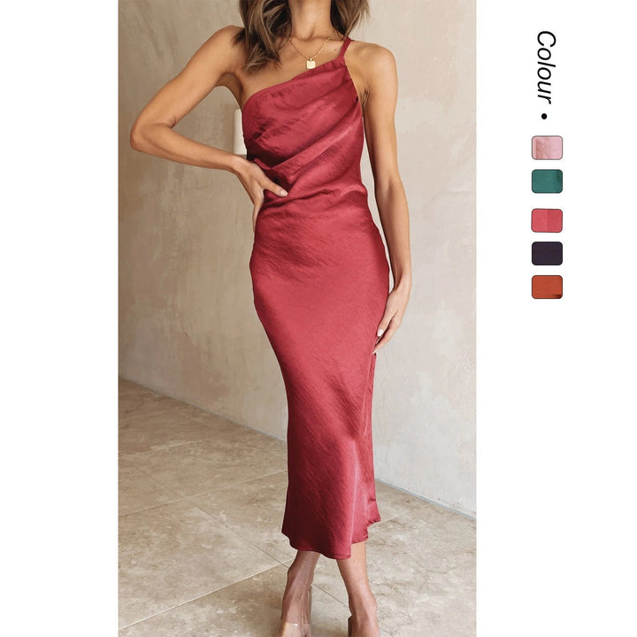 Elegant women's one-shoulder midi dress, perfect for wedding guests, parties, and formal occasions.