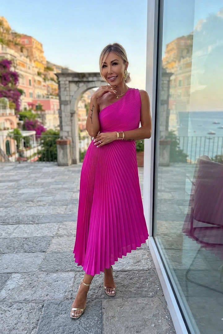 Women's elegant midi dress with a one-shoulder design, perfect for wedding guests & formal events.