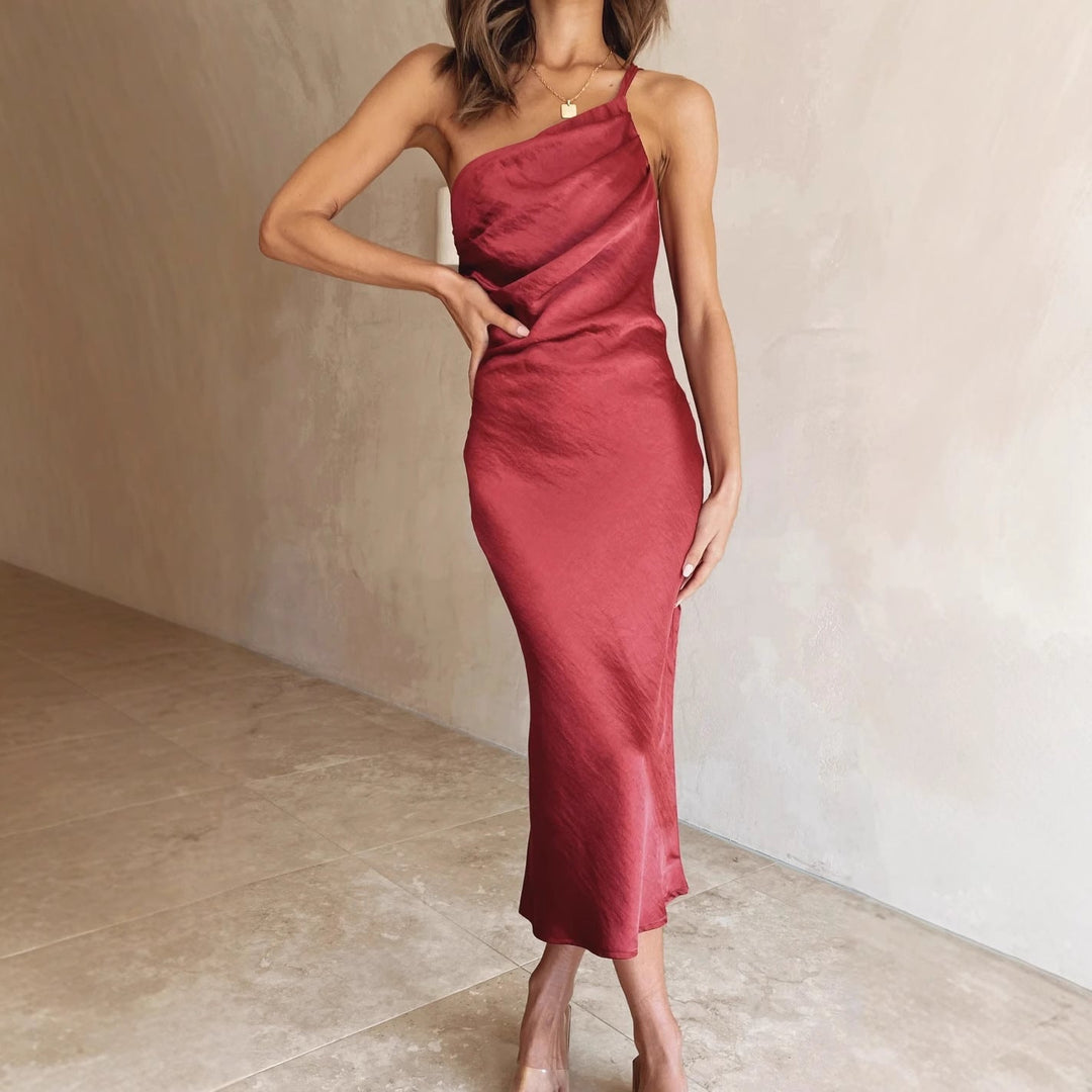 Beautiful women's elegant midi dress with a unique one-shoulder design, perfect for special occasions.