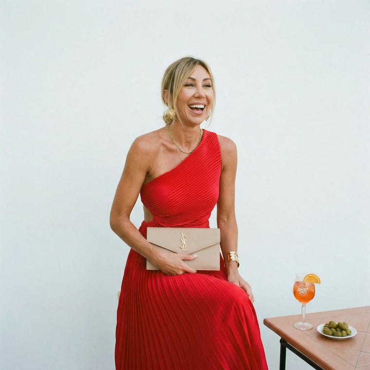 Sophisticated women's one-shoulder midi dress, elegant wedding guest attire, chic for parties.