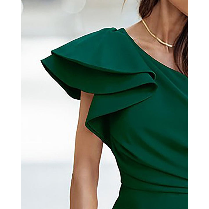Fashionable women's midi party dress with a trendy one-shoulder neckline, asymmetric ruffle, and split hem.