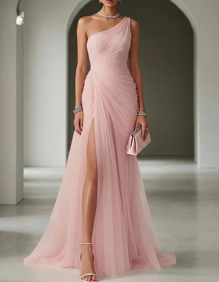 Elegant women's one-shoulder pleated maxi dress, perfect for wedding guests & formal evening events.