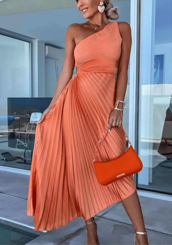 Elegant women's one-shoulder pleated maxi dress, perfect for wedding guests, formal events & parties.