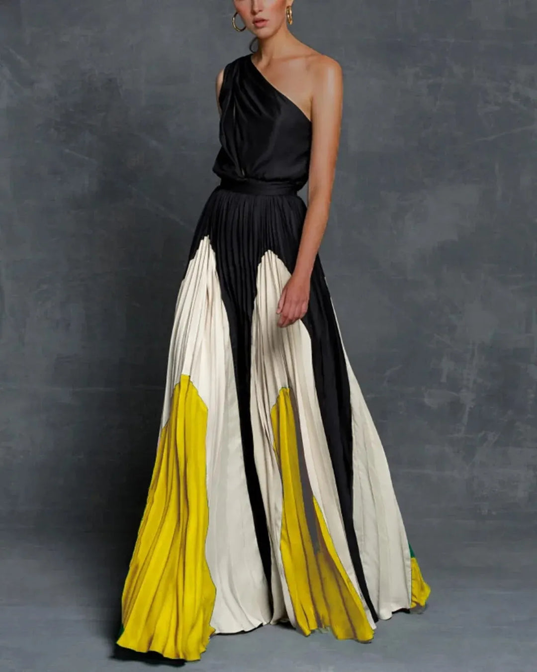 Elegant women's one-shoulder pleated maxi dress, perfect as a formal wedding guest or special occasion party dress.