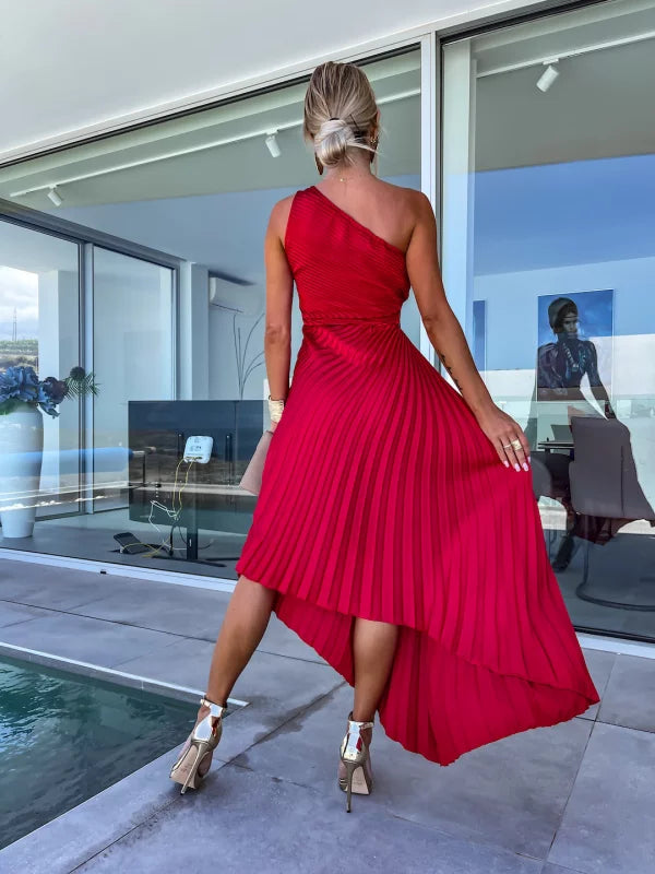 Chic one shoulder pleated maxi dress for women, ideal as a wedding guest outfit or elegant evening party wear.