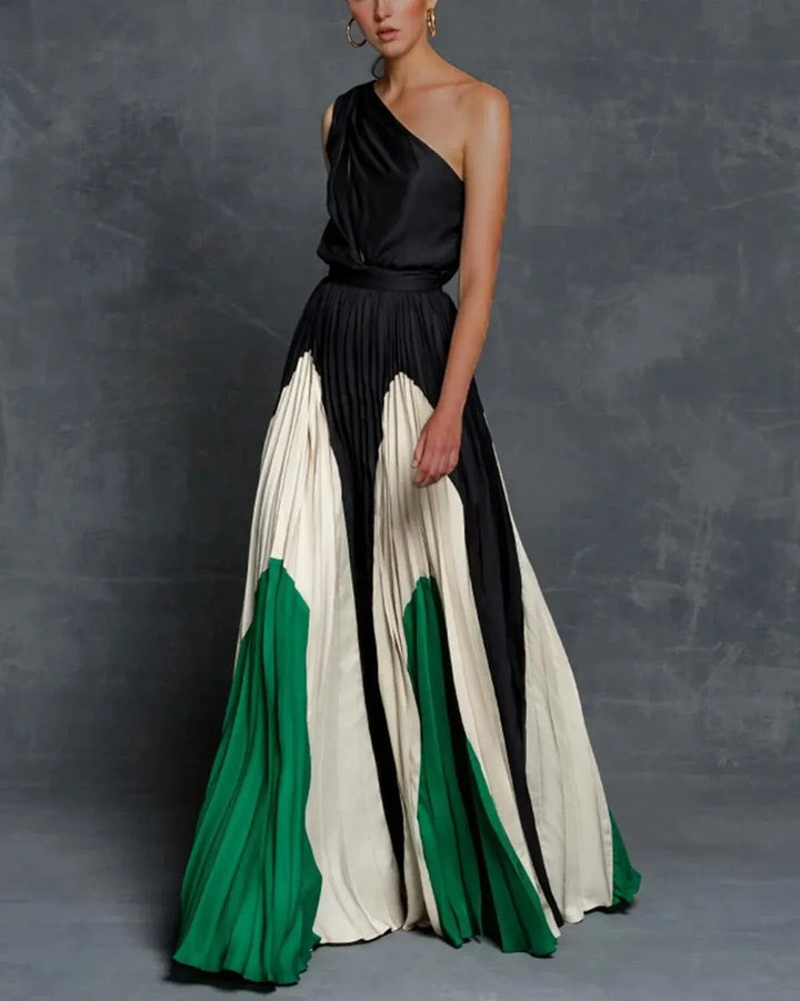 Chic one-shoulder long pleated maxi dress for women, ideal for wedding guests & elegant formal events.