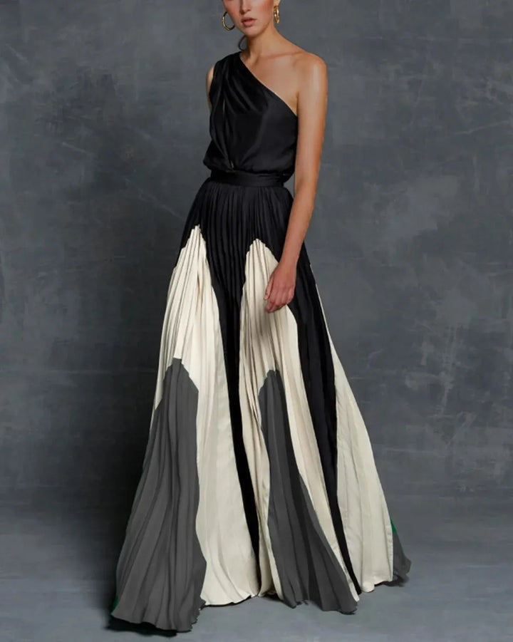 Beautiful women's elegant pleated one-shoulder maxi dress, a stunning formal gown for special occasions.