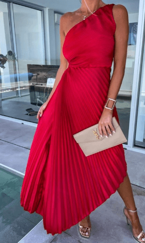 Red one-shoulder pleated maxi dress for women, an elegant choice for wedding guests, galas, and formal parties.