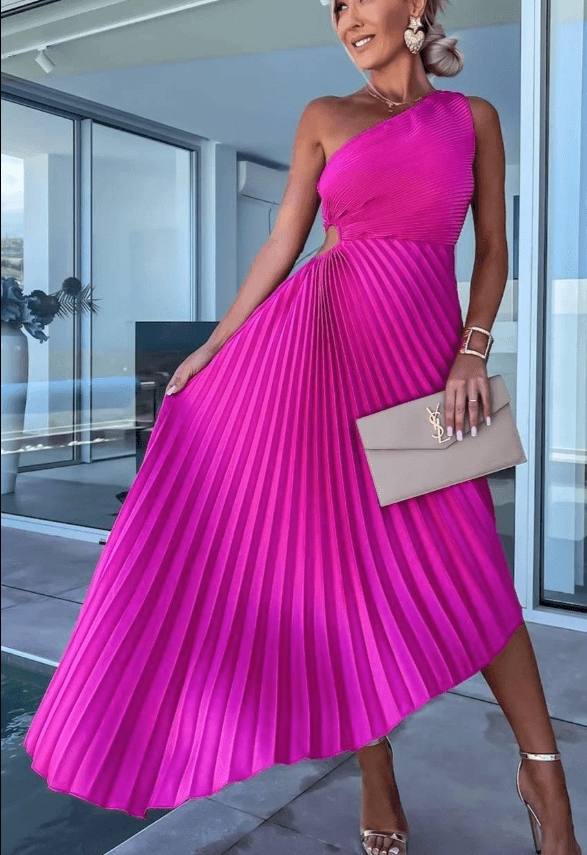 Full-length women's one-shoulder maxi dress with elegant pleats, a perfect formal or party dress for summer.