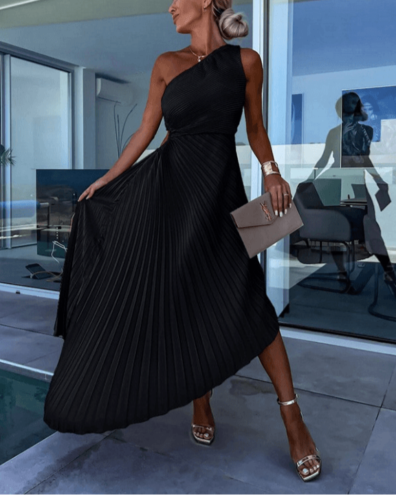 Stylish women's one shoulder pleated maxi dress, offering an elegant look for evening parties & special occasions.