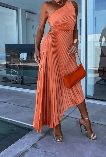 Elegant women's one shoulder pleated maxi dress, versatile for formal events, evening parties, & wedding guests.