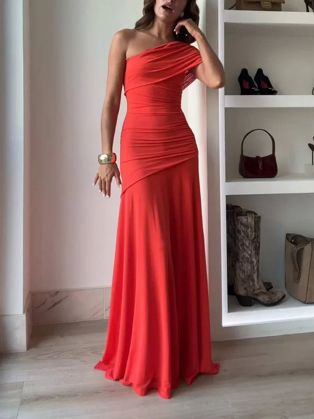 Elegant women's one-shoulder ruched asymmetrical maxi dress, perfect for evening parties & formal events.