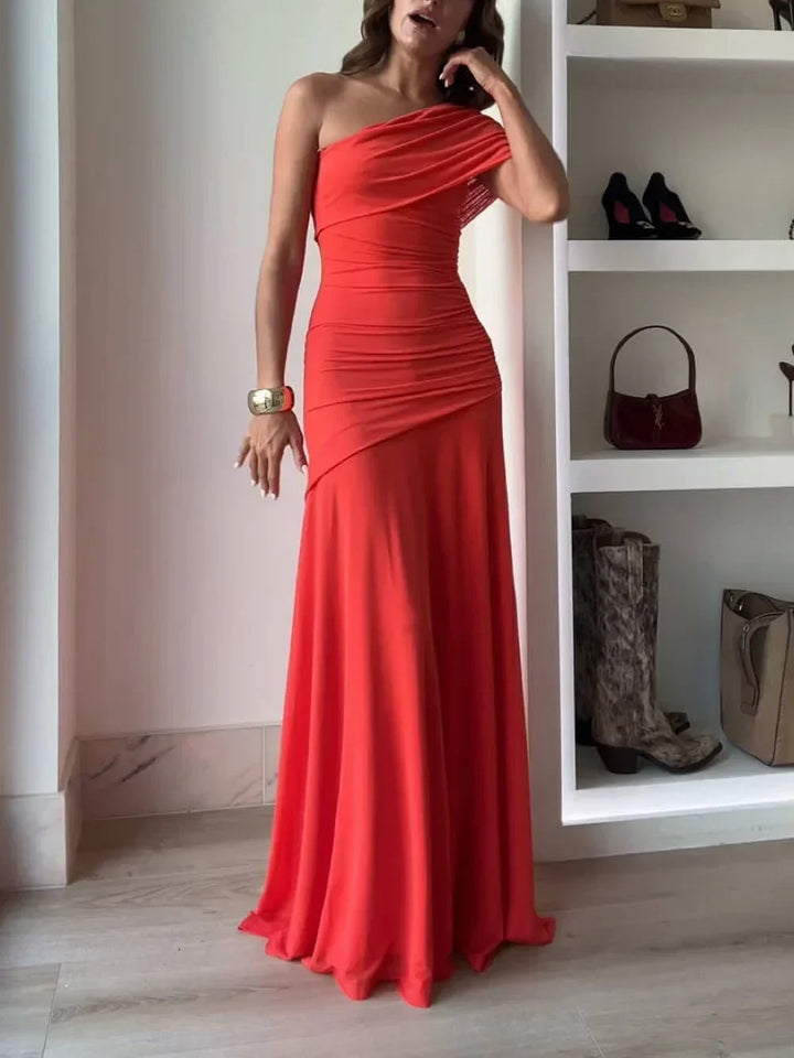 Elegant women's one-shoulder ruched asymmetrical maxi dress, perfect for evening parties & formal events.